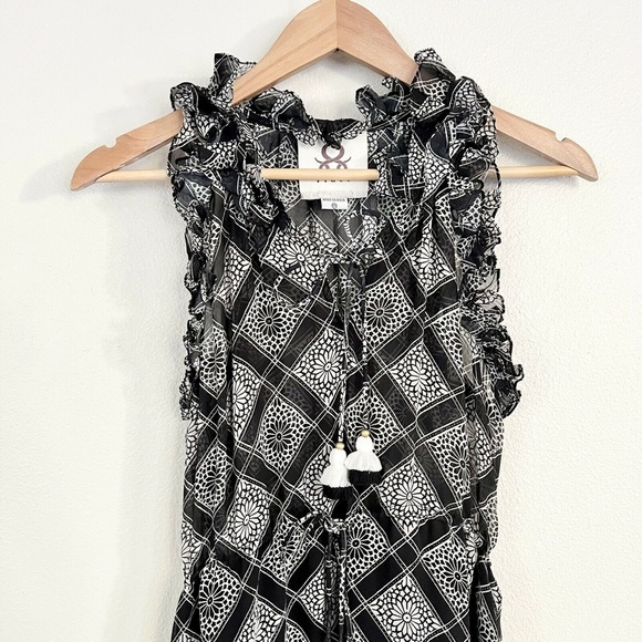 FIGUE Gabriella 100% Silk Diamond Tile Print Ruffle Midi Dress in Black - Picture 4 of 8